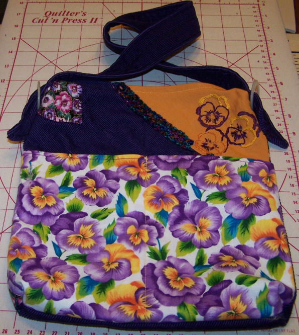 Pansy themed bag, corduroy and pansy fabrics, hand stitching, pearl accents