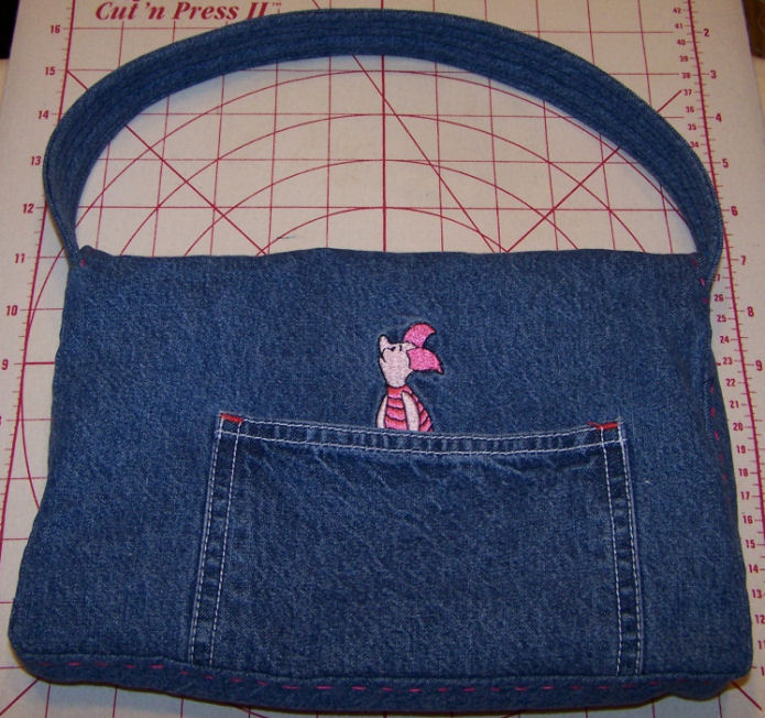 Denim purse with embroidered Piglet and embellishement - back view