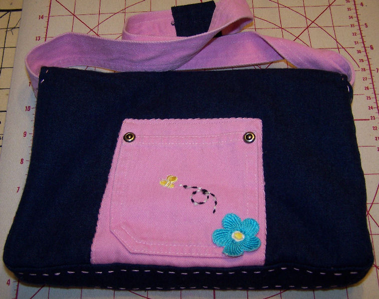 reverse of Pooh 2 purse, denim and cotton with hand and machine embroidery
