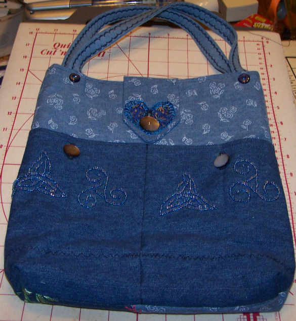 Denim and cotton bag, hand and machine embroidery, beading, vintage pearl buttons.