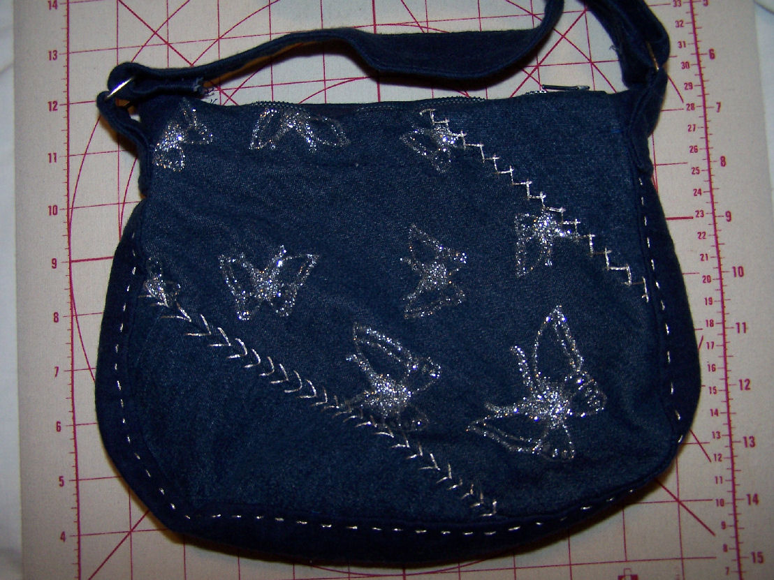 denim bag, hand embroidered, silver butterflies.
