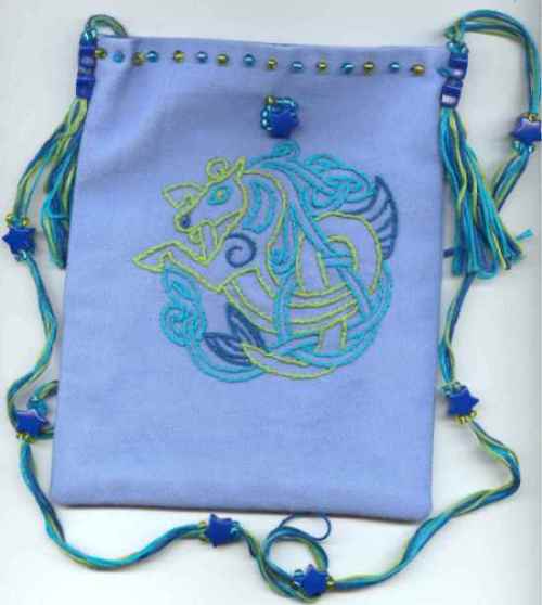 blue twill bag, embroidered Celtic horse image, beaded strap